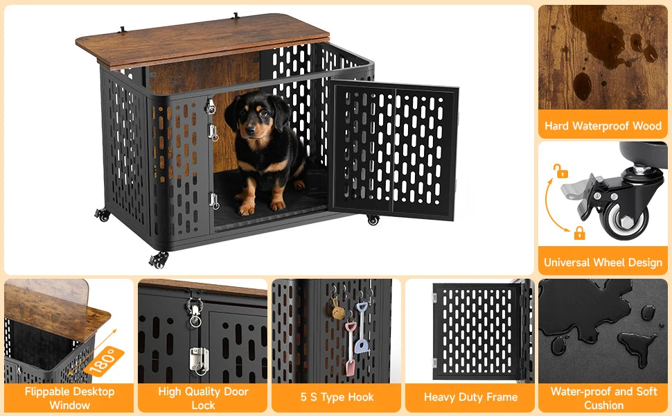 Dog Crate Pet Furniture with Cushion Wood Dog Kennel with Flexible Wheels Multi-Purpose Dog Cage for Large Small Medium Dogs