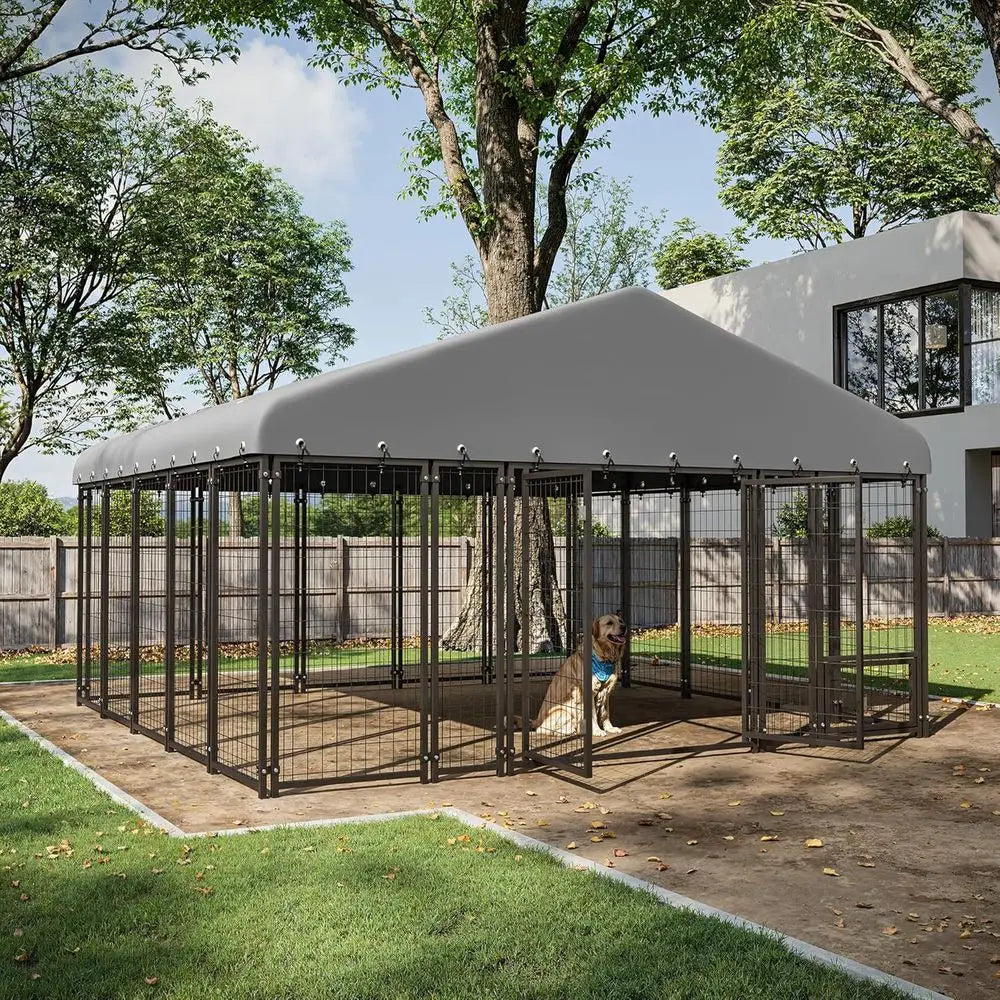 10x10FT Dog Kennel Outside Double Door Outdoor with Feeding, Heavy Duty Dog Crate Durable Cage with Roof & Double Lock