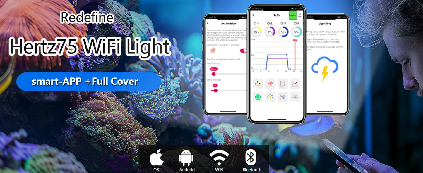 PopBloom H75 WiFi Dimmable LED Aquarium Light, Smart App Control, Suitable for 150-200cm Fish Tanks (With Hang Kit)