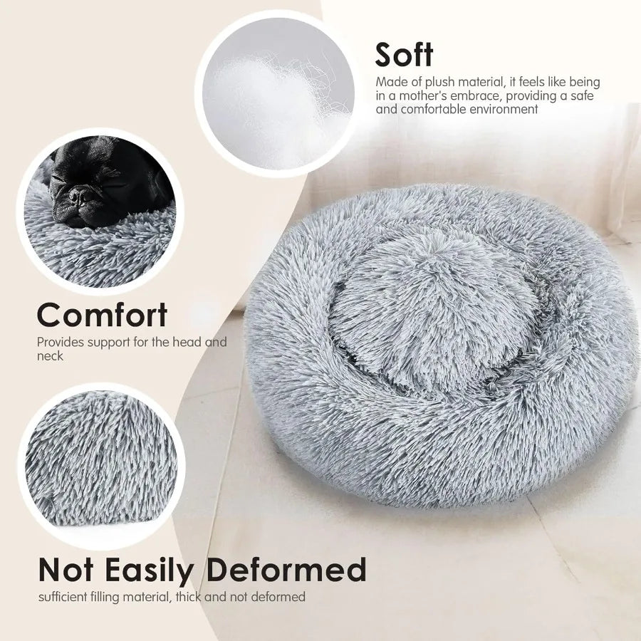 Dog Cat Bed for Indoor Cats 20in Calming Donut Bed for Puppy and Kitten Washable Round Fluffy Pet Bed for Small Medium Dogs and