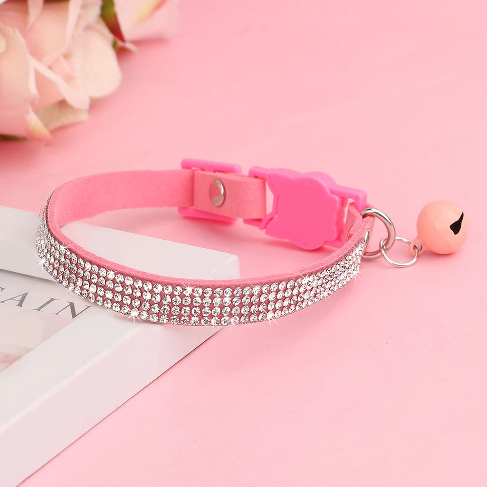 Rhinestone Bling Soft Pink Suede Cat Collar with Bell Safety Breakaway Buckle Adjustable XS/S Sizes for Kitten