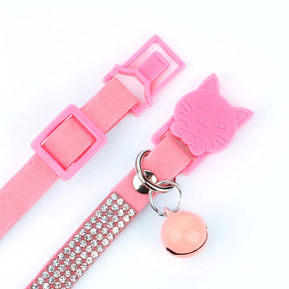 Rhinestone Bling Soft Pink Suede Cat Collar with Bell Safety Breakaway Buckle Adjustable XS/S Sizes for Kitten