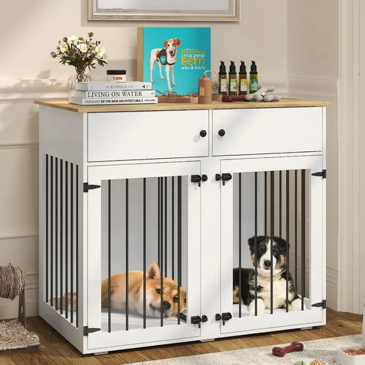 Large Dog Crate Furniture, 41 Inch Dog Kennel Indoor with Removable Divider & Double Doors, Wooden Dog Crates for 2 Dogs