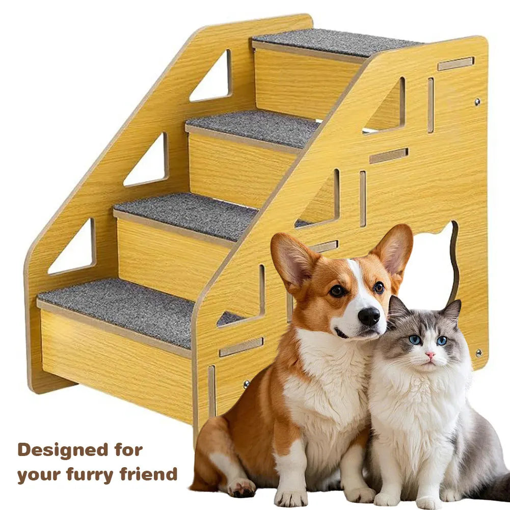 4 Step Wooden Pet Stairs Nonslip Carpeted Sofa Ladder
