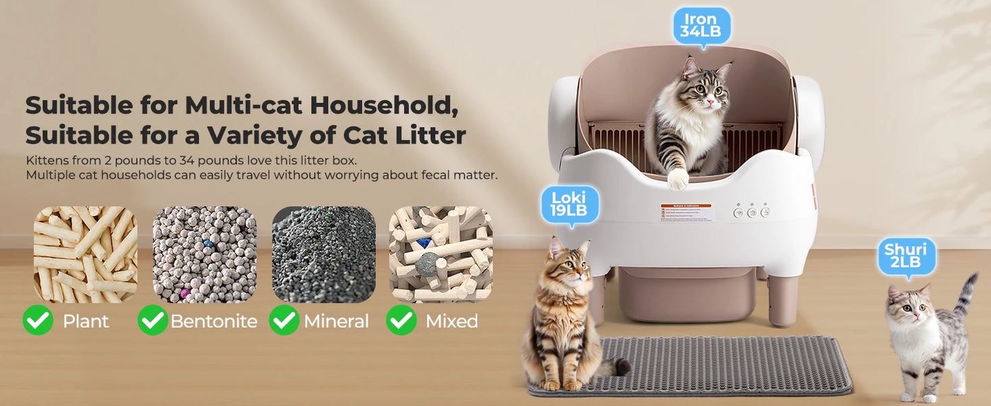 Self Cleaning Litter Box, Automatic Cat Litter Box with APP Control, Odor-Free  Large Waste Bin, Open-Top for Multi Cats