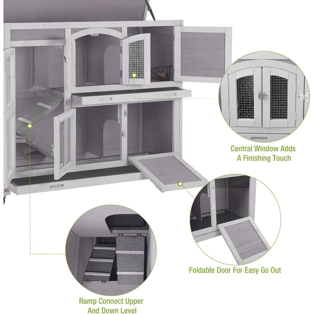Rabbit Cage, Indoor and Outdoor Rabbit House, Guinea Pig Cage, with Wheels, with Plastic Tray, 47 Inches