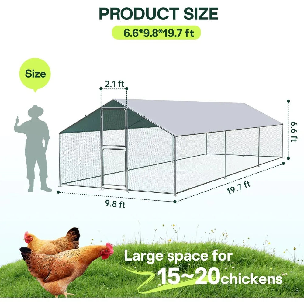 Large Metal Chicken Coop with Run, Walkin Poultry Cage for 30 Chickens with Full Coverage Roof, Waterproof & Anti-UV Cover