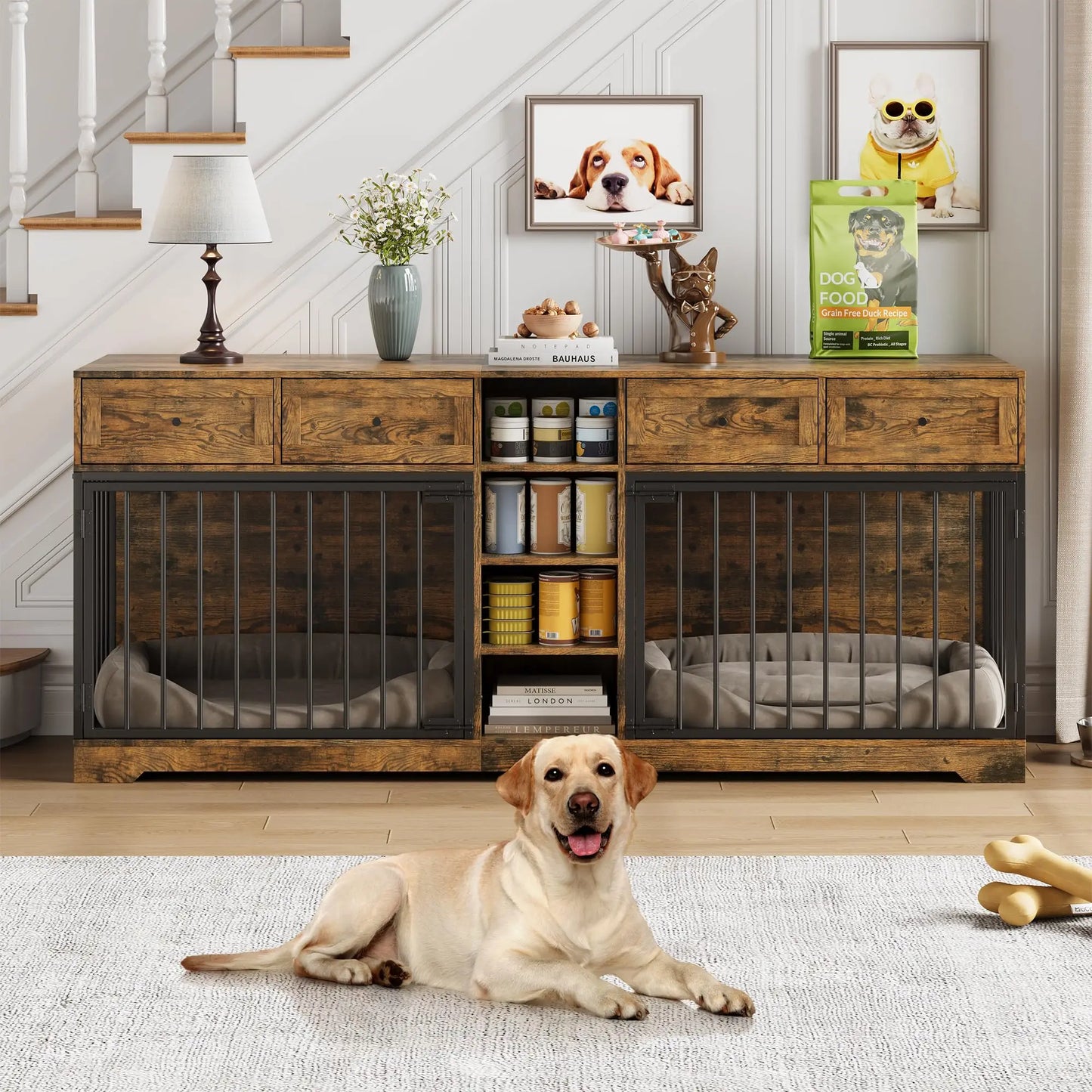 82'' Large Double Dog Crate Furniture TV Stand With 4 Drawers Shelves Heavy Duty Wooden Indoor Kennel For 2 Medium Large Dogs