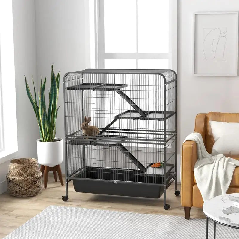 53.5" Small Animal Cage, 5-Level Metal Ferret or Bunny Habitat with Wheels, Removable Tray, 2 Front Doors, Ramps, Gray Color