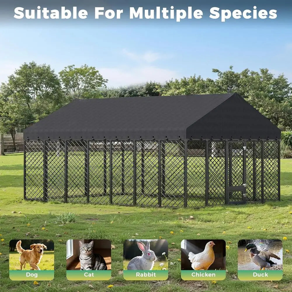 10x10x6.4 Large Outdoor Dog Kennel with Roof, Heavy Duty Anti-Rust Metal Dog Enclosure Fence for All Weather Resistant, Secure D