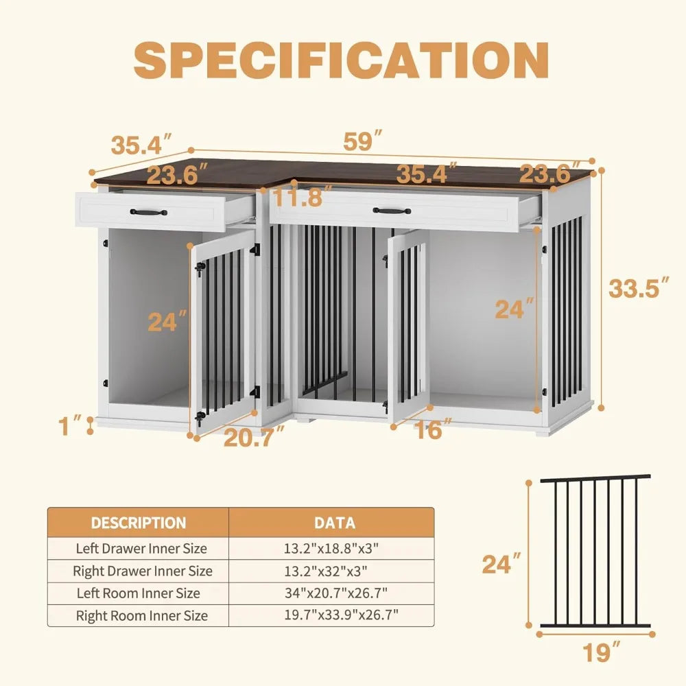 large corner dog crate furniture for 2 dogs, 59" indoor wooden furniture style dog kennel house with double rooms, drawers & rem