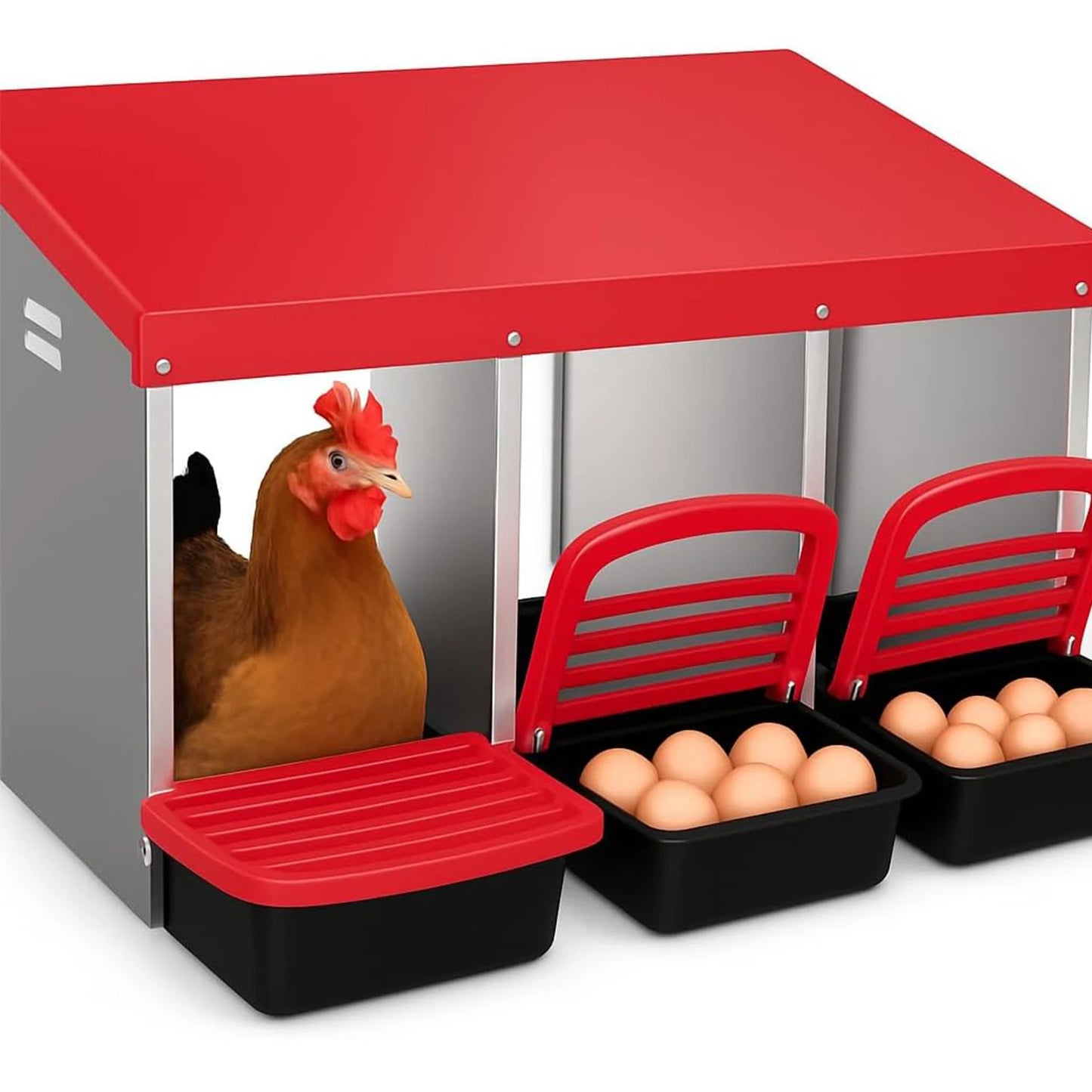 Chicken Nesting Boxes, 3 Compartment Metal Roll Away Nest Box for Chicken Coop,Chickens Laying Egg, Lid Cover to Protect Eggs