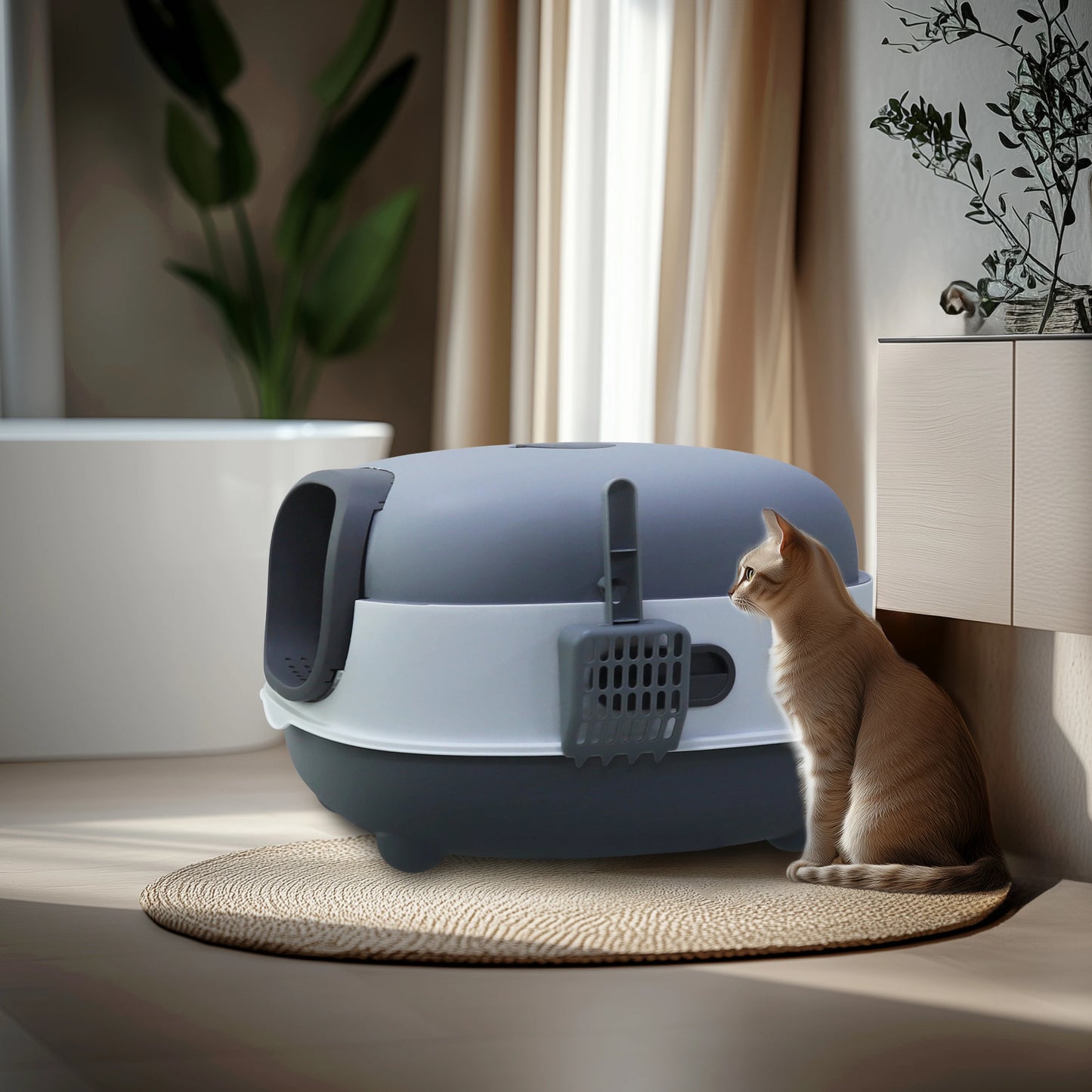 Bingopaw Large Cat Litter Box with Cat Litter Scoop with Lid, Oval Oblong Hooded Front Entry and Exit Leak-Proof Litter Cat Box