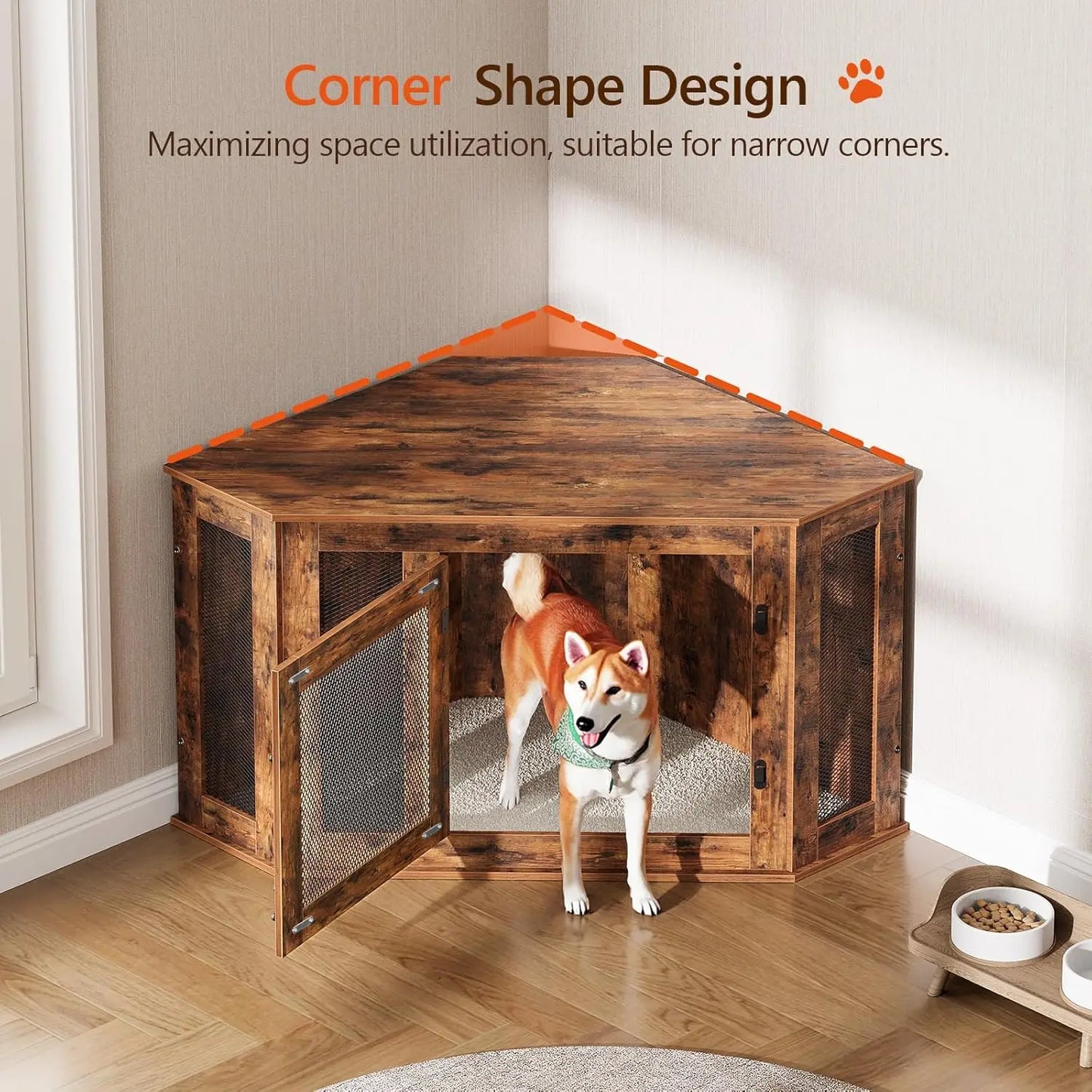 Corner Dog Crate Furniture, Wooden Kennel End Table for Small Medium Dogs, Indoor Pet Cage TV Stand Rustic Brown