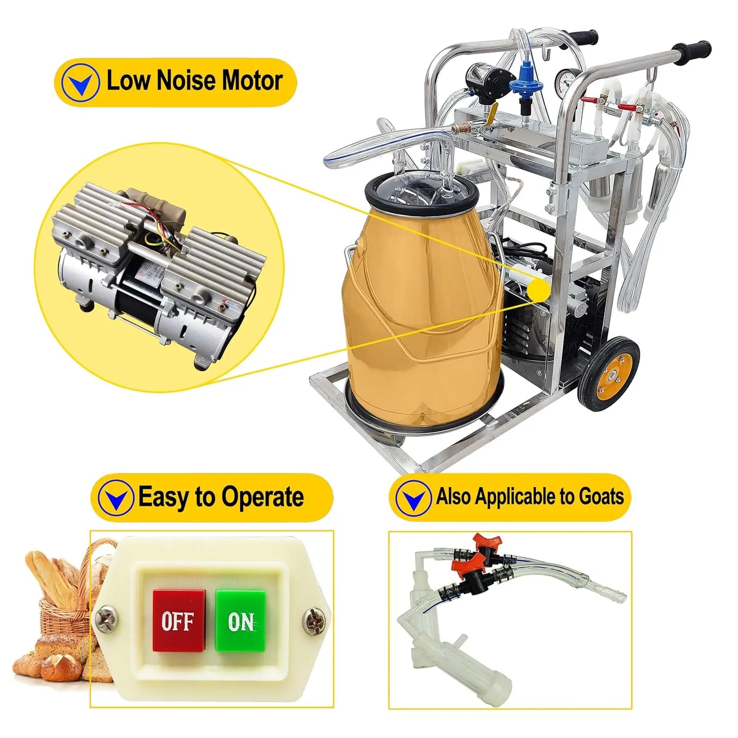 Electric Milking Machine for Cows 25L Automatic Oil-Free Vacuum Pump Goat Milker Stainless Steel Dairy Farm Milking Equipment