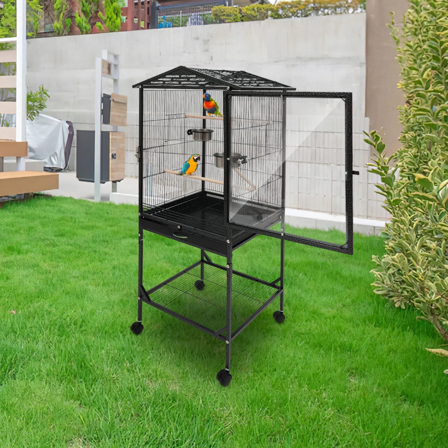 Large Black Bird Cage with Wheels, 4 Braked Wheels (2) Acid-Washed Iron 46×46×136cm Open Top for Parrots