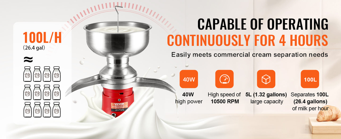 SucceBuy 304 Stainless Steel Electric Cream Separators 100L/H Output 10500RPM Goat Milk Separator 30W  5L Bowl Capacity 100-240V