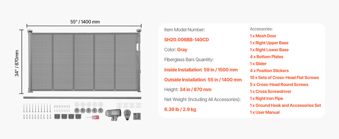 SucceBuy 55/71/110in Retractable Baby Gate 34in Tall Extends Wide Retractable Gate for Kids Pets Mesh Material Easy to Install