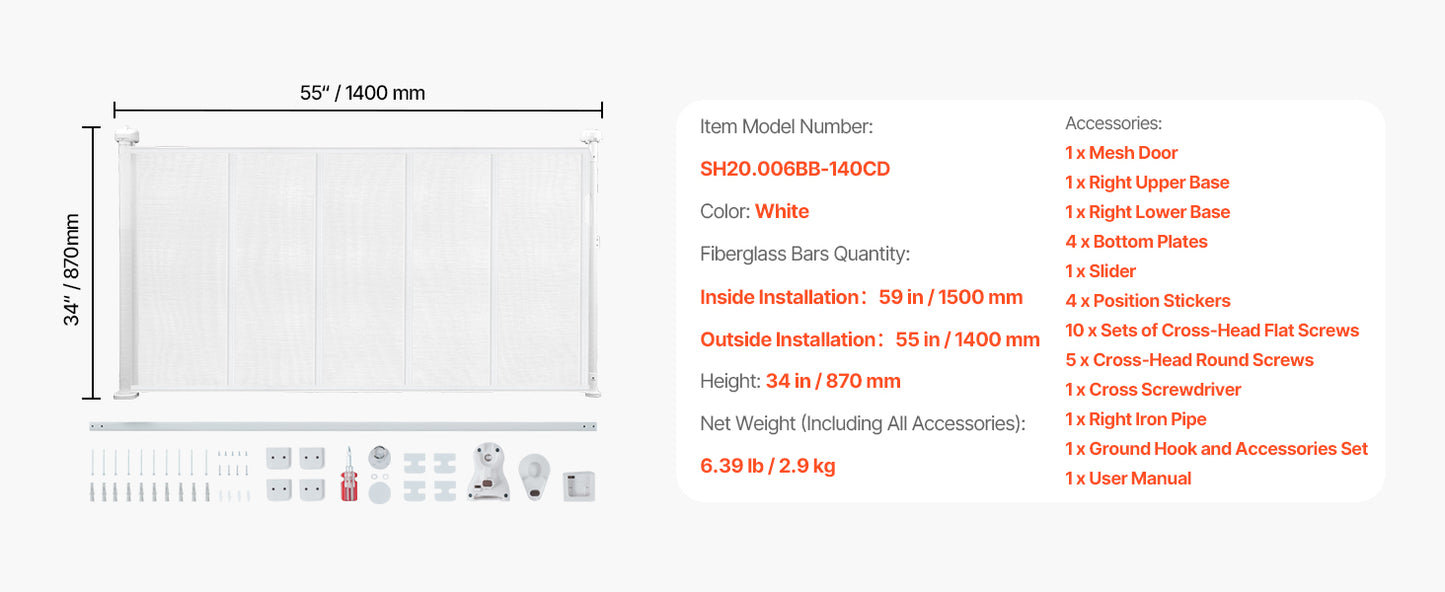 SucceBuy 55/71/110in Retractable Baby Gate 34in Tall Extends Wide Retractable Gate for Kids Pets Mesh Material Easy to Install