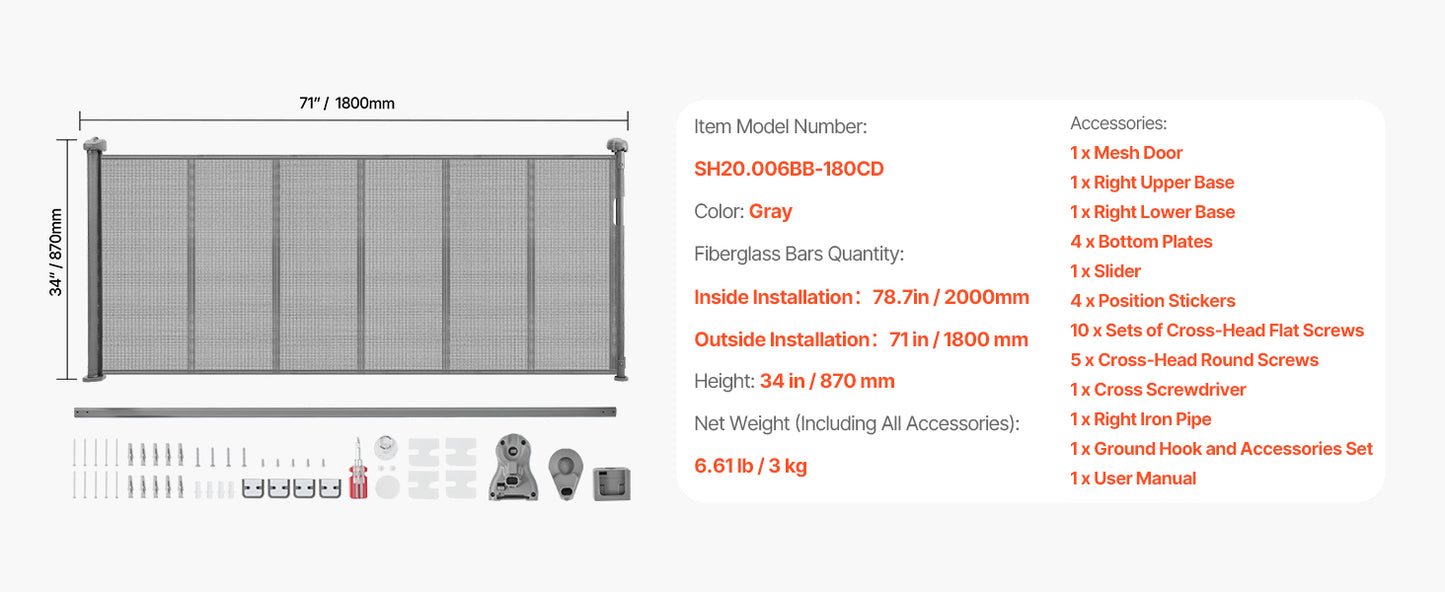 SucceBuy 55/71/110in Retractable Baby Gate 34in Tall Extends Wide Retractable Gate for Kids Pets Mesh Material Easy to Install
