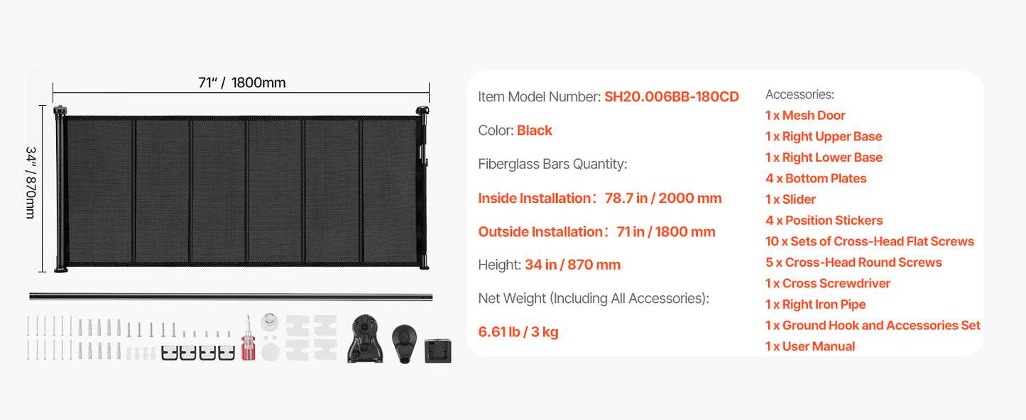 SucceBuy 55/71/110in Retractable Baby Gate 34in Tall Extends Wide Retractable Gate for Kids Pets Mesh Material Easy to Install