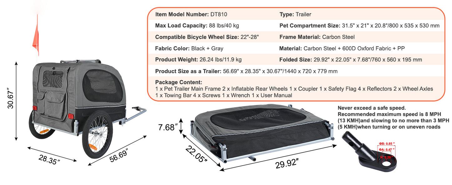 SucceBuy 88 lbs Dog Bike Trailer Pet Cart Bicycle Carrier with Wheels Coupler Reflectors Flag Collapsible to Store for Dogs