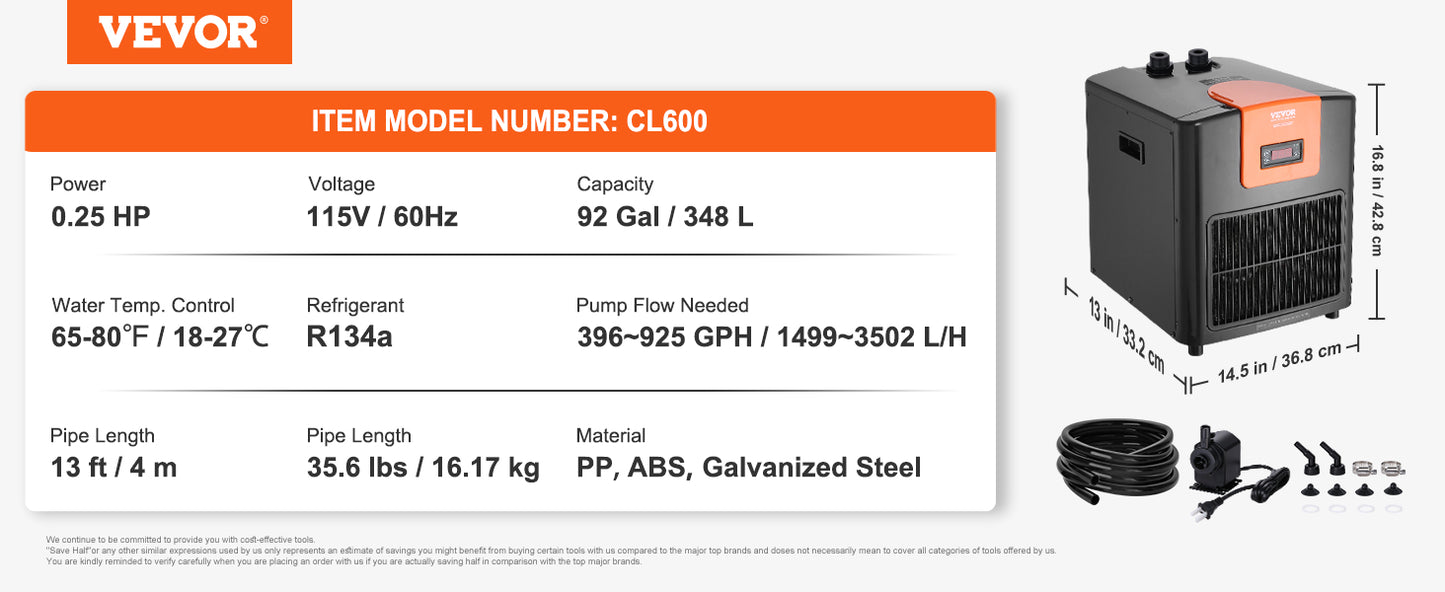 VEVOR Aquarium Chiller 0.25/0.33/0.1/1.5HP Hydroponic Water Chiller Quiet Refrigeration Compressor for Fresh Water Fish Tank